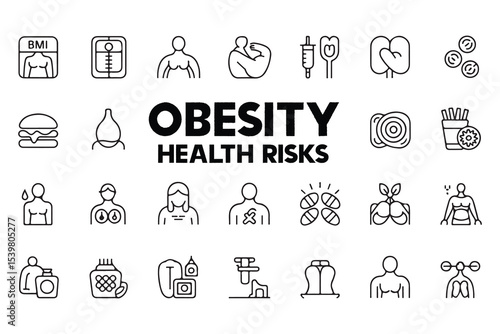 Obesity Health Risks line icon set. Vector pictograms of BMI chart, body weighing scale, diabetes, cholesterol problems, high blood pressure, fast food, mental health thin linear illustration.