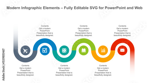 Colorful Horizontal Timeline Infographic with 6 Steps and Icons. Fully editable vector SVG file compatible with PowerPoint, Illustrator, and most vector-based applications.