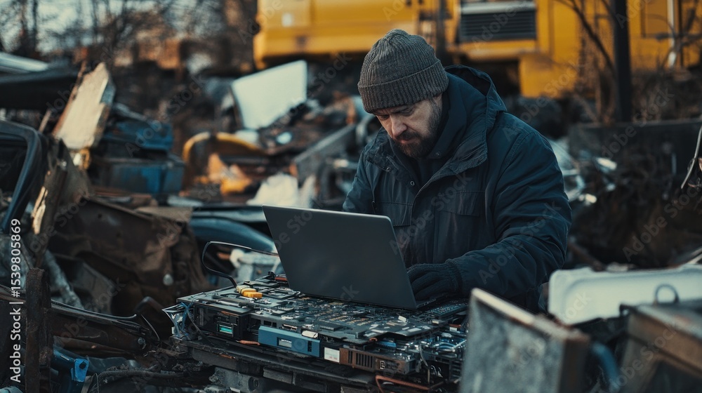 Focused man using laptop in junkyard surrounded by scrap metal, technology concept Focused man using laptop in junkyard surrounded by scrap metal, technology concept