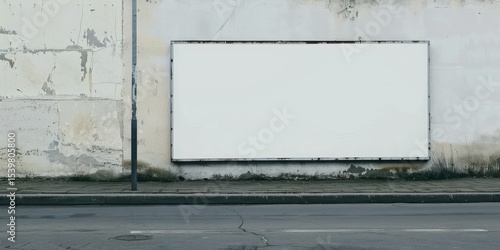 A weathered, white, concrete wall with a large, blank, white billboard affixed to it