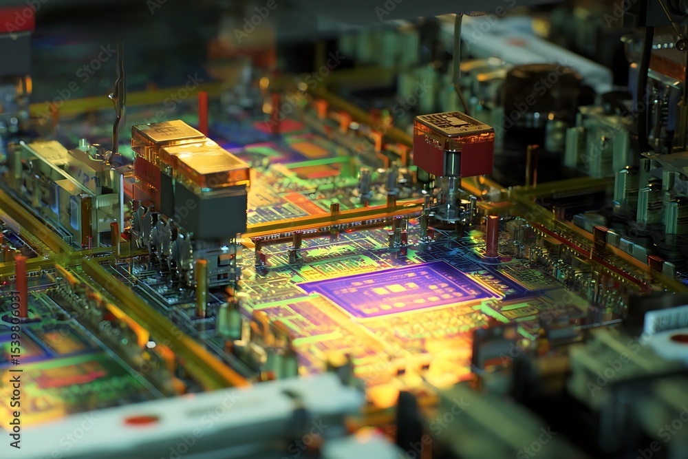 Obraz premium Close-up view of a complex circuit board.