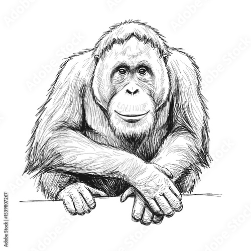 Bornean Orangutan – Pongo pygmaeus. Orangutan with gentle smile leans on surface with curiosity. Wildlife illustration concept