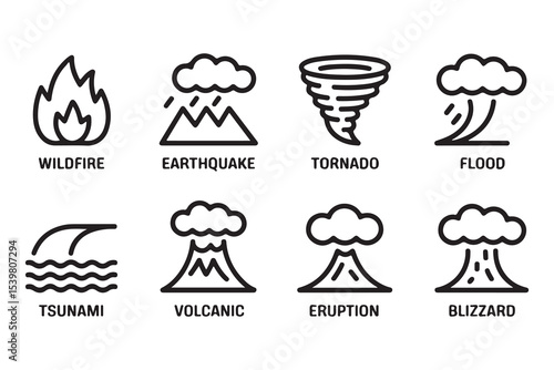 Disaster, weather hazard line icon set. Vector pictograms of natural and environmental calamities, wildfire, earthquake, tornado, flood, tsunami, volcanic eruption, blizzard thin linear illustration.