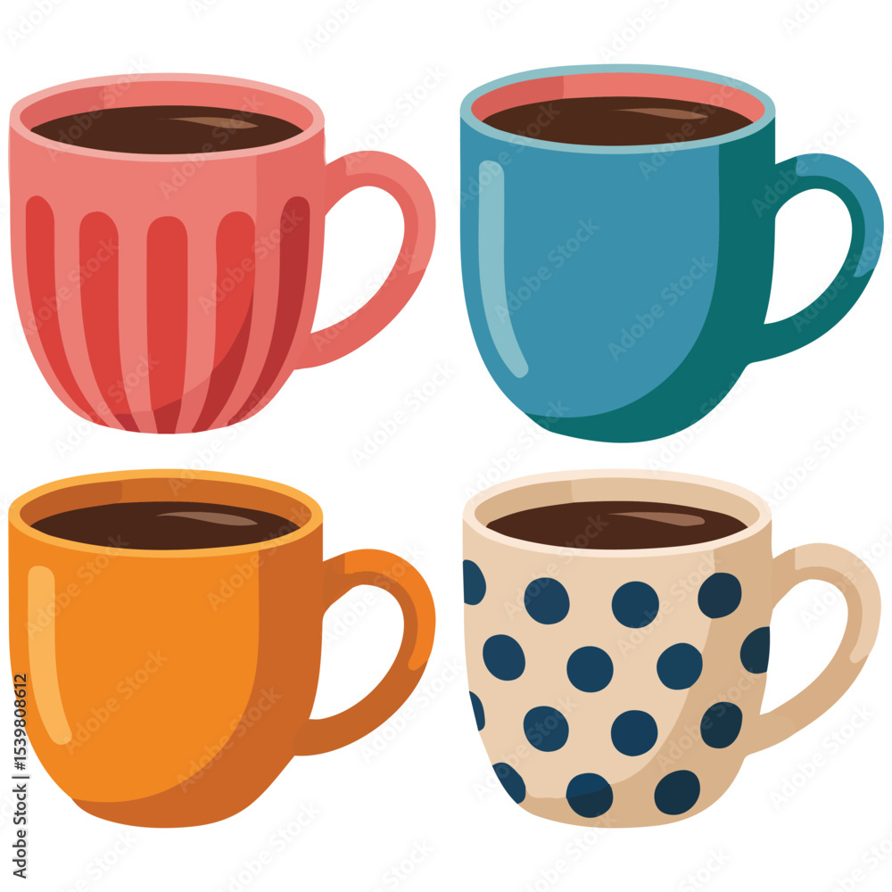 Obraz premium Assorted coffee mugs in flat style vector isolated white background