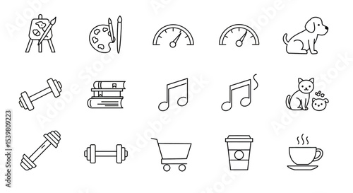 Black outline icon collection showing different activities such as painting, speedometer, books, and pets on a white background.
