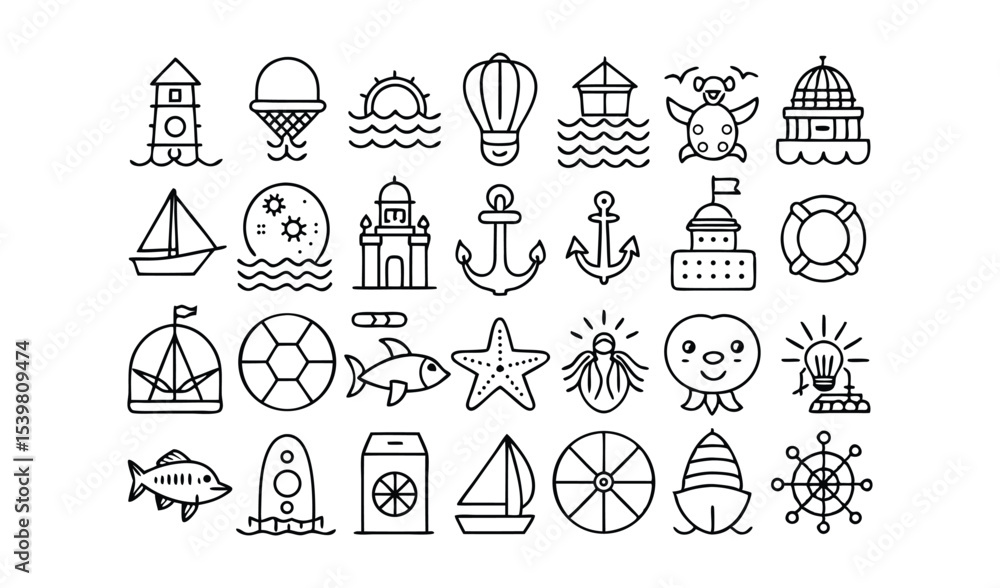 Fototapeta premium Summer vacation travel icons line art set