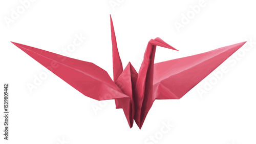 Close-up shot of a single origami crane crafted from red paper. The crane is sharply in focus against a pure white background.  The image features a minimalist composition, showcasing the intricate