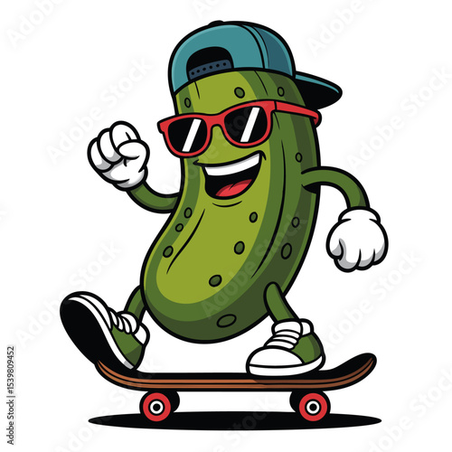A funny Green Groovy Pickle Cartoon Character character with a cheerful and cute expression with sunglasses and skating board