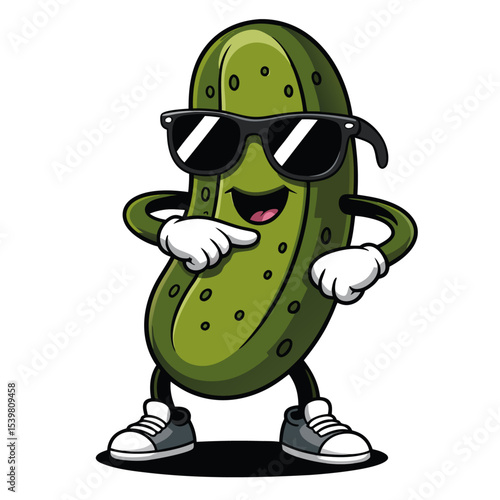A funny Green Groovy Pickle Cartoon Character character with a cheerful and cute expression with sunglasses