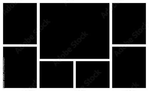 7 Image Photo Collage, 5 Empty geometric photo collage grid rectangle template shape. Modern tiles pattern mosaic for portfolio presentation. Background and photo album for wall mood board. 