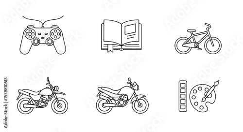 Minimalist hobby icons in bold black lines: gaming, reading, cycling, motorbike, and drawing palette.