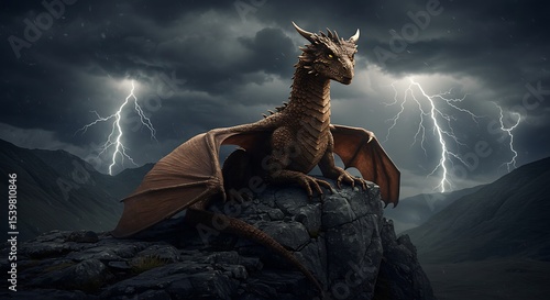 Dragon on rock outcrop under lightning storm
