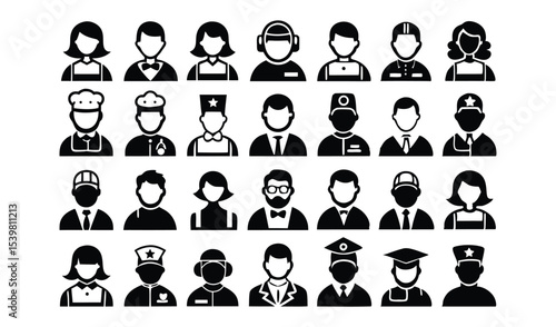 Diverse professional occupation icons set black and white
