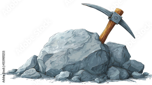 A digital illustration depicting a pickaxe with a wooden handle embedded in a large grey rock surrounded by smaller grey rocks against a white background. The style is cartoonish or illustrative,