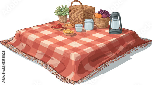 A digitally rendered illustration depicts a picnic scene set upon an orange and white gingham tablecloth. The tablecloth has a fringed edge.  Arranged on the tablecloth are several items including