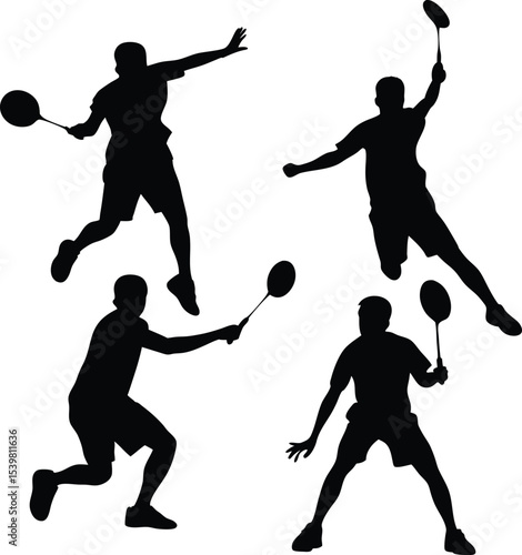 Silhouette Vector Badminton Players; Dynamic Strokes in Shadow; Badminton player silhouette collectio;