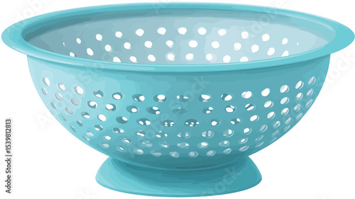 A studio shot of a small, light blue plastic colander. The colander is round with a wide, shallow bowl and a small foot. The bowl is perforated with numerous small, evenly spaced holes. 
