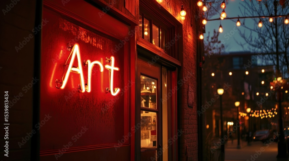Obraz premium Illuminated art gallery entrance with glowing neon sign at twilight evening