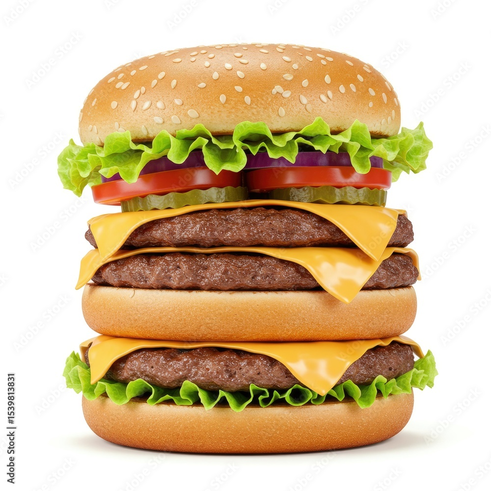 A Detailed Triple Decker Cheeseburger with Melted Cheese. A Detailed Triple Decker Cheeseburger with Melted Cheese.
