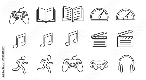 Simple vector icon set with bold outlines, featuring entertainment and activity symbols like joystick, books, and speed gauge.