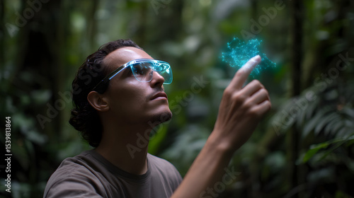 A man wearing smart glasses interacts with a glowing digital hologram in a lush forest setting.