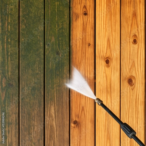 Pressure Washing Algae Off Wooden Deck Top View
