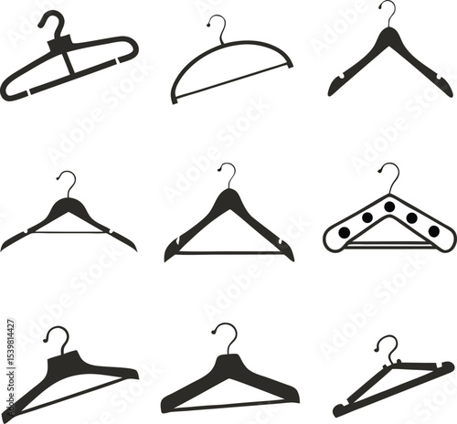 Set of black silhouettes of different clothes hangers. Different clothes hanger silhouette collection Vector