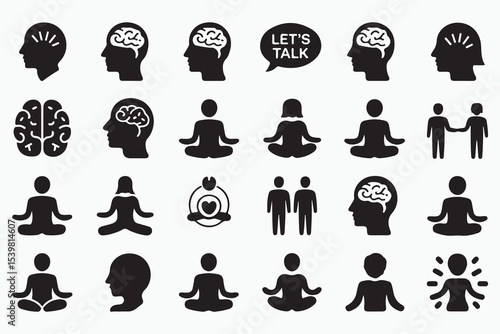 Psychology and mental health icon set. Vector glyph pictograms of brain, discussion, meditation, therapy, support group, therapy, mindfulness, emotional well-being black silhouette illustration.