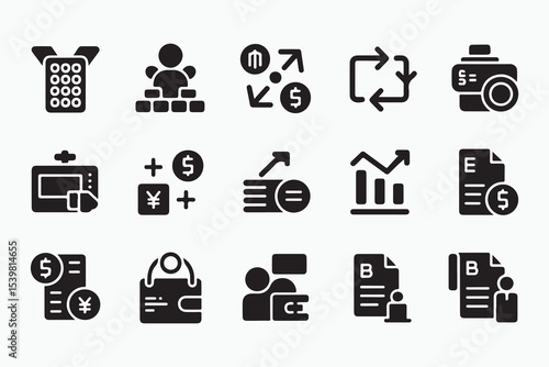 Financial transactions glyph icon set. Vector pictograms of terminal, secure, split, currency exchange, confirmation, scheduled, deposit, invoice, billing, black sign silhouette illustration.