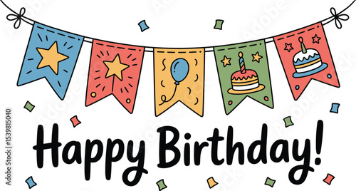 Cartoon happy birthday banner with star, balloon, and cake pennants strung on a string with confetti