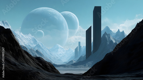 A surreal landscape features towering monoliths, jagged mountains, and three massive planets looming in a blue-tinted sky.
