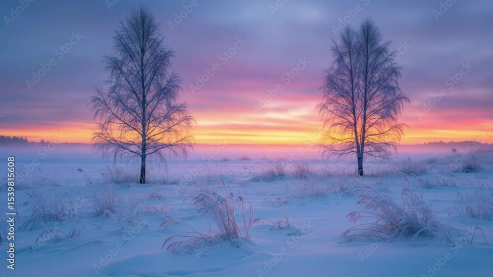 custom made wallpaper toronto digitalTwin birch trees stand sentinel in a snowcovered field, silhouetted against a breathtaking sunrise painting the sky in vibrant oranges and purples