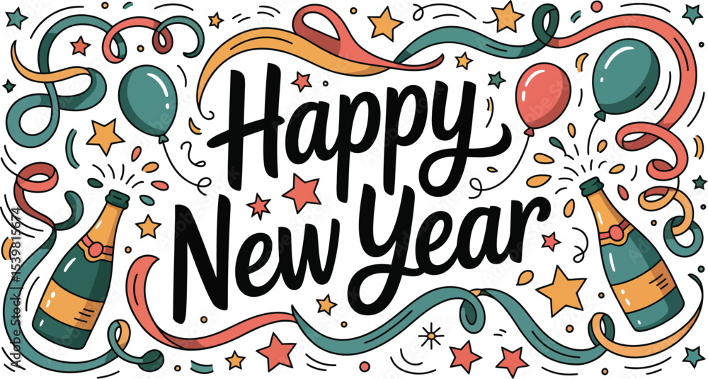 Fototapeta premium Happy new year celebration with champagne bottles balloons and ribbons in a festive design style banner