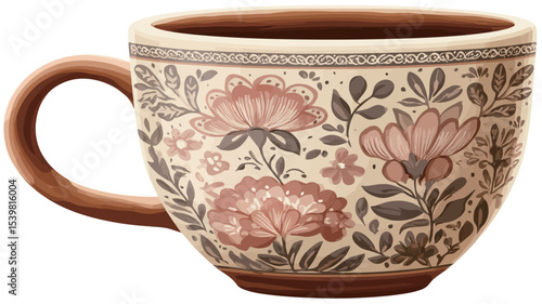 A digital image depicts a close-up view of a terracotta-colored ceramic mug. The mug has a wide, rounded body and a sturdy handle. The mug is adorned with a repeating floral pattern, featuring