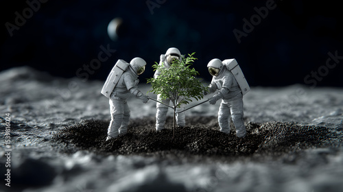 Three astronauts plant a small tree on a barren lunar surface beneath a crescent Earth in a symbolic act of environmental care and space exploration.