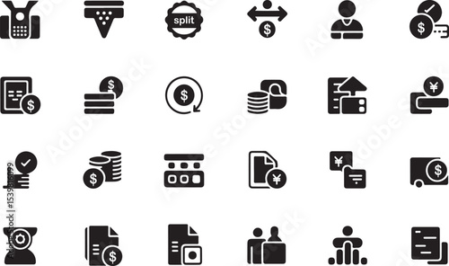 Financial transactions glyph icon set. Vector pictograms of terminal, secure, split, currency exchange, confirmation, scheduled, deposit, invoice, billing, black sign silhouette illustration.