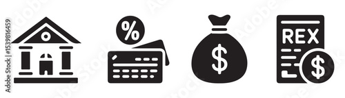 Loan, finance icon set. Vector glyph pictograms of mortgage, percentage, loan agreement, money bag, repayment, banking, credit, interest rate black silhouette illustration
