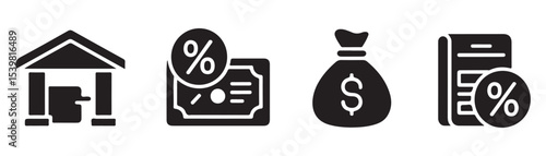 Loan, finance icon set. Vector glyph pictograms of mortgage, percentage, loan agreement, money bag, repayment, banking, credit, interest rate black silhouette illustration