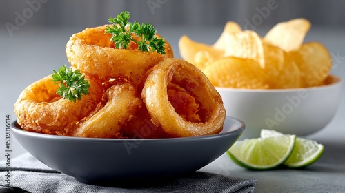 Plate of fried onion rings sits on a table next to a bowl of chips. The onion rings are topped with parsley, giving them a fresh and healthy appearance. The chips are in a separate bowl