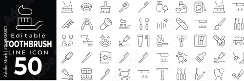 Oral hygiene and toothbrush icons. Featuring bristles, toothpaste, dental care, electric brush, and tooth cleaning. Editable stroke.