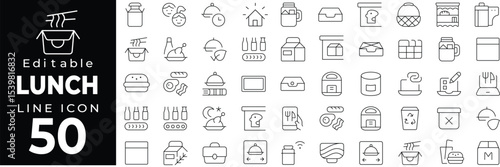 Meal container and lunch box icons. Includes bento box, food storage, office lunch, snack pack, and reusable boxes. Editable stroke.