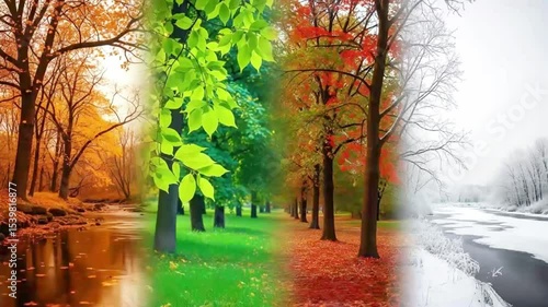 A vibrant tapestry of seasons unfolds autumns golden embrace, springs verdant awakening, summers fiery hues, and winters tranquil snowscape, all reflected in a tranquil rivers flow