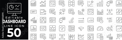Digital dashboard UI icons. Includes analytics, speedometer, control panel, stats, and user interface elements. Editable stroke.