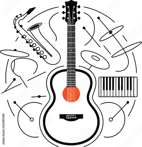 Acoustic guitar with saxophone, piano keys and drum set in a minimalist musical instrument illustration