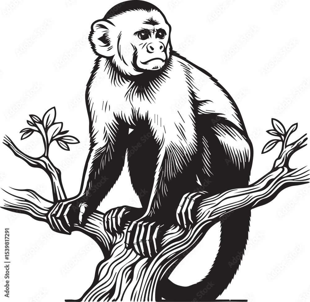 Obraz premium Capuchin Monkey Simple Black and White Vector Illustration