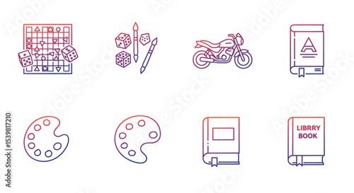 Vector of cute bold line icons, motorcycles, art palettes and library books