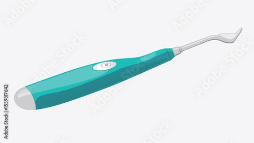 Close-up studio shot of a teal-colored electric tooth plaque remover against a white background. The device is handheld, with a curved, slightly pointed tip.  It appears to be made of plastic