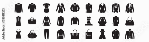 Clothing, fashion icon set. Vector glyph pictograms of shirt, dress, jacket, shoes, handbag, apparel, accessories and wardrobe black silhouette illustration.