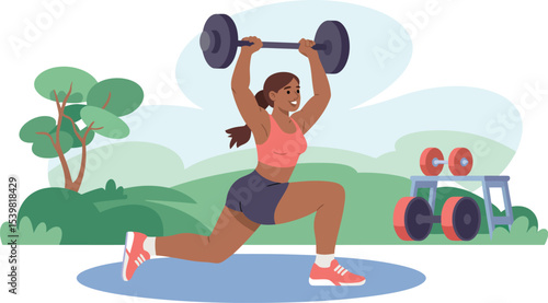 Woman doing lunges with a barbell overhead in an outdoor setting with weights and trees around her