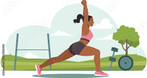 Illustration of a woman doing lunges in a park with fitness equipment and a tree in the background